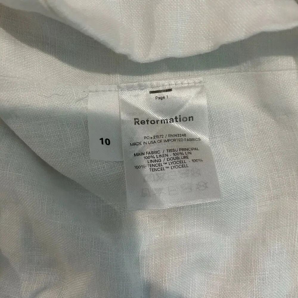 Reformation White Linen Cropped Top Puff Sleeve Smocked Chic Casual Size 10